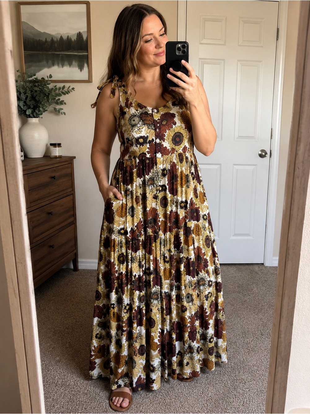 Kate Quinn Sunflower Prairie Maxi Dress XXL Boho Floral Tie Strap Button Front